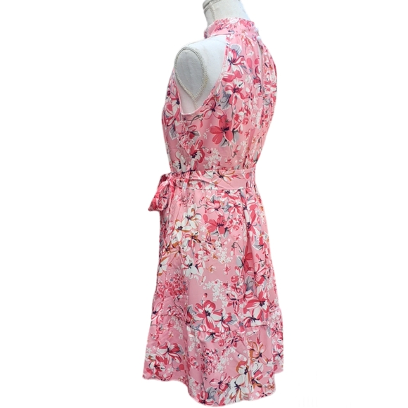 Spring Summer Dress Pink Floral Halter Neck Sleeveless A Line Ruffled Hem - Picture 5 of 9